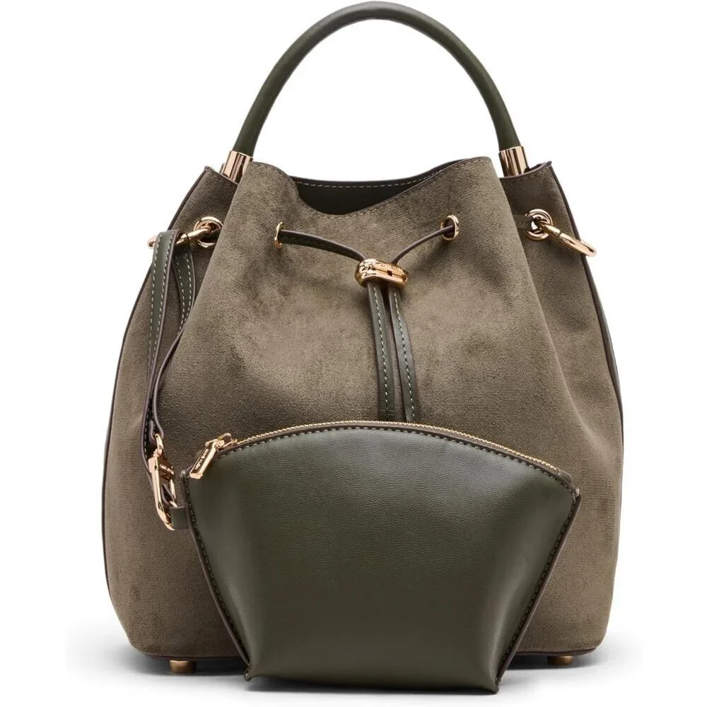 Womens Medium Bucket Bag Polyester Olive Convertible Strap Drawstring